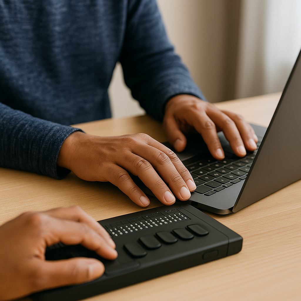 Hands resting on a laptop keyboard alongside a refreshable braille display, demonstrating the use of assistive technology for blind and vision-impaired computer users
